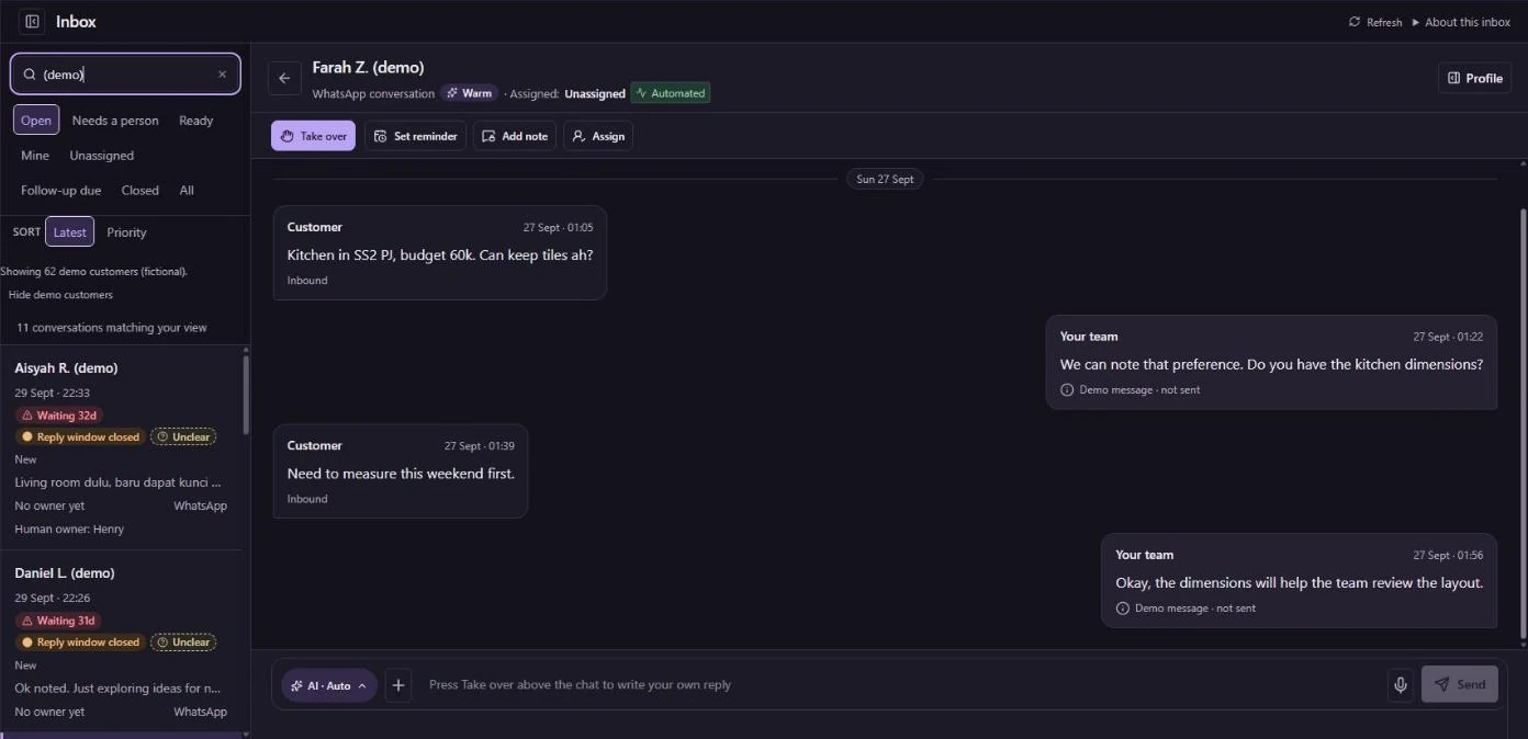 NervLink shared inbox showing demo conversations, filters, and Take over, Set reminder, Add note and Assign.